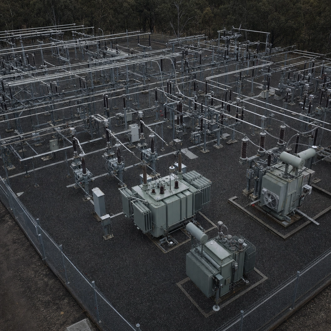 An aerial inspection image by drone from DeepSky IQ of an electrical substation with transformers, circuit breakers, and power lines enclosed by a chain-link fence, set in a rural area with trees in the background.