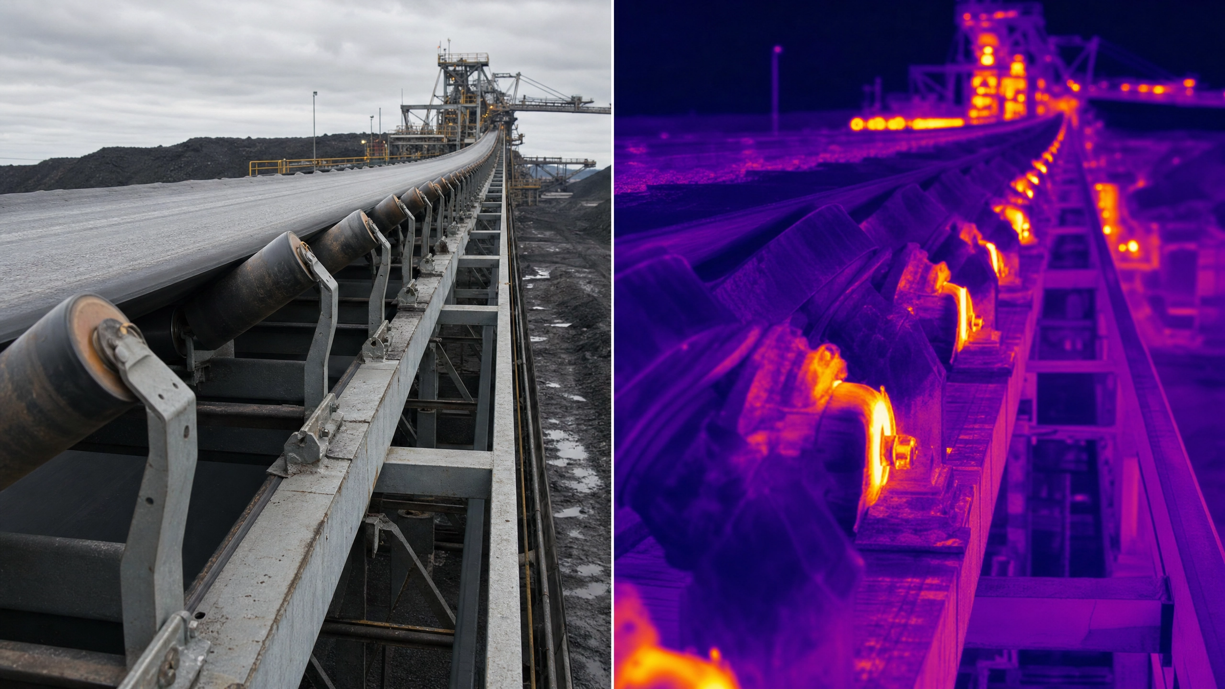 A drone image of a mining industrial conveyor transporting coal. The image shows thermal imaging highlighting heat signatures along the conveyor and machinery by DeepSky IQ.