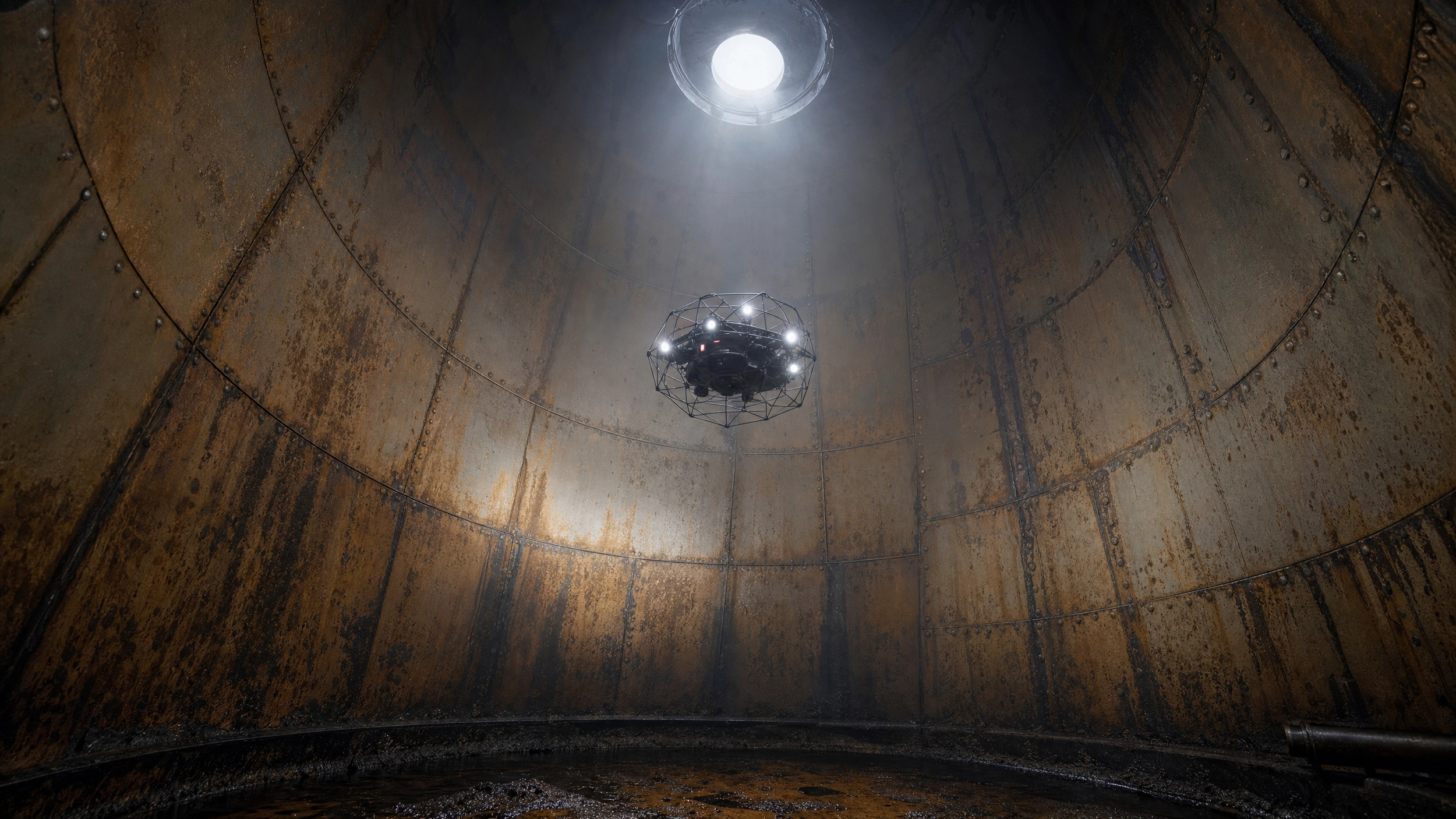 An industrial, rusty metal interior with a circular opening at the top letting in bright light. A confined space drone by DeepSky IQ hovers inside the cylindrical space, mapping a defect during an inspection.