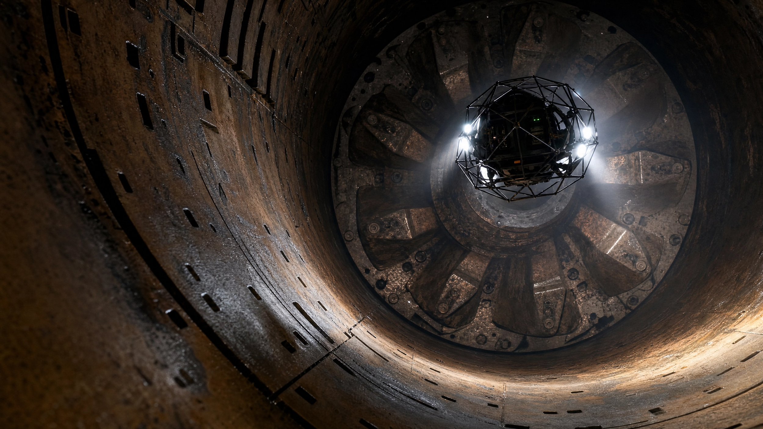 A confined space inspection by drone from DeepSky IQ, a tank with rusted metal walls and defects being mapped.