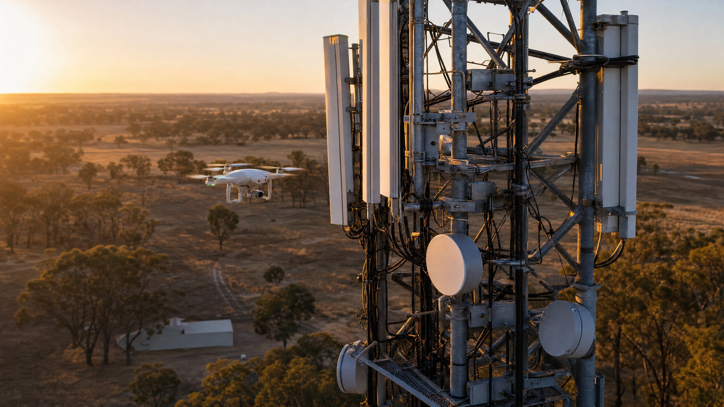 A drone inspection image of a telecommunications tower, antennas and dishes by DeepSky IQ