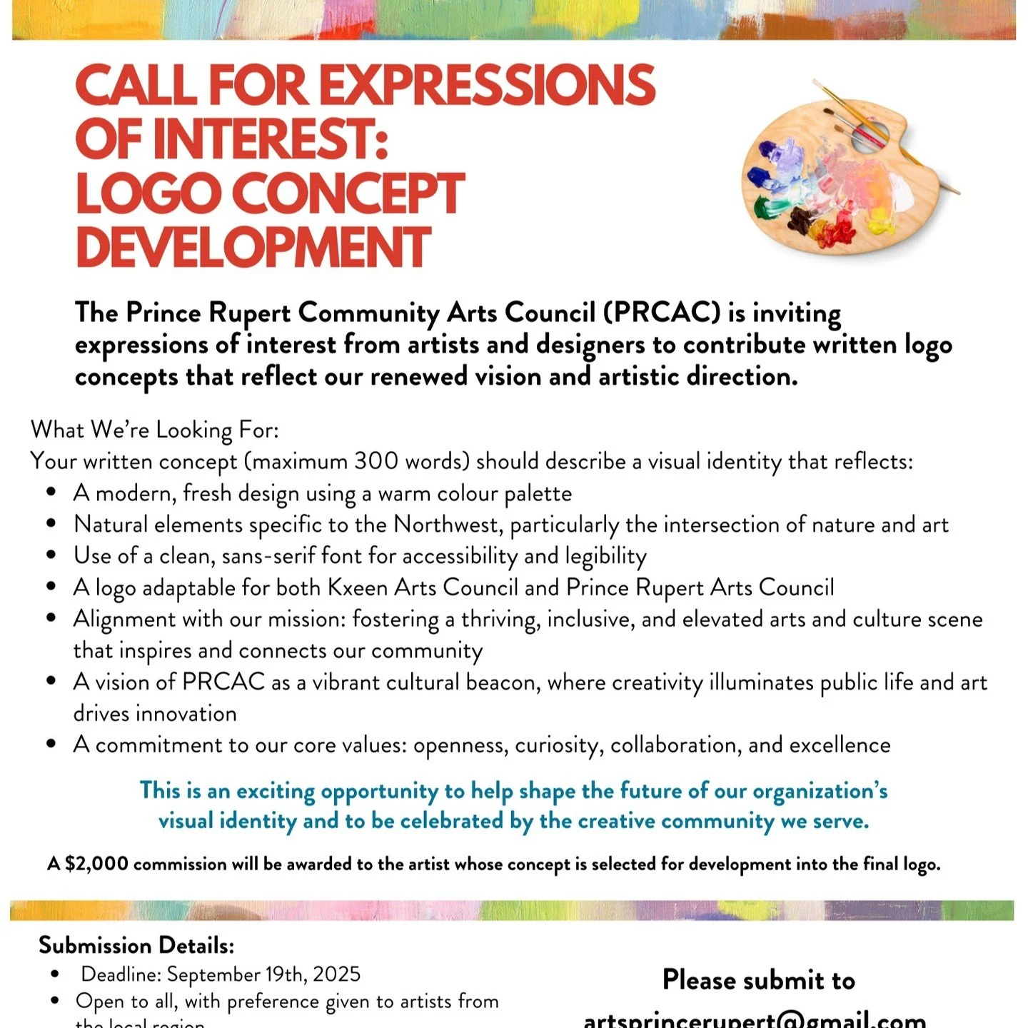 The Prince Rupert Community Arts Council (PRCAC) is inviting expressions of interest from artists and designers to contribute written logo concepts that reflect our renewed vision and artistic direction.
Following feedback from our initial call, we h