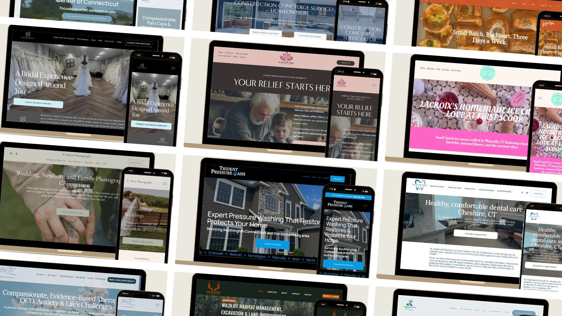 Collage of various website screens displayed on multiple tablets and smartphones, showcasing different services and businesses.