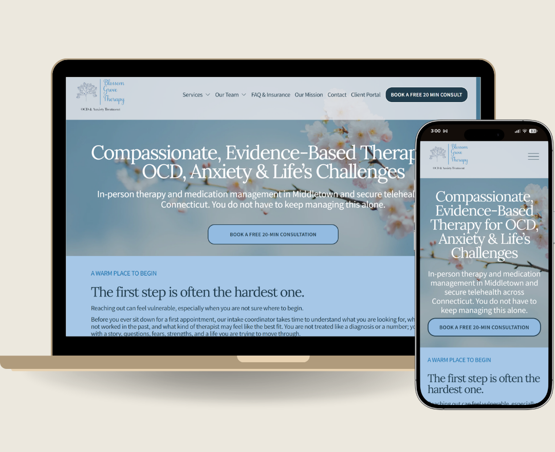 Screenshot of a therapy website titled "Blossom Grove Therapy" displaying its homepage on a laptop and smartphone, highlighting services for OCD, anxiety, and life's challenges, with a call-to-action button for a free consultation.
