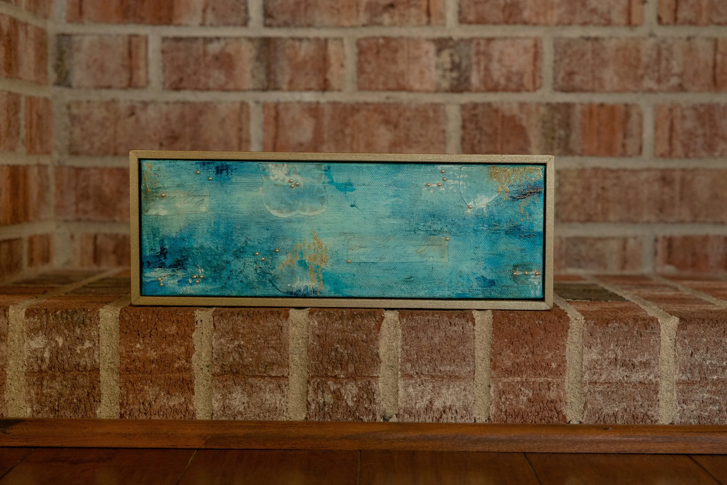 VK-97 Teal and Gold Abstract 4 inch x 12 inch Acrylic and Collage on Canvas Framed $125.00.jpg