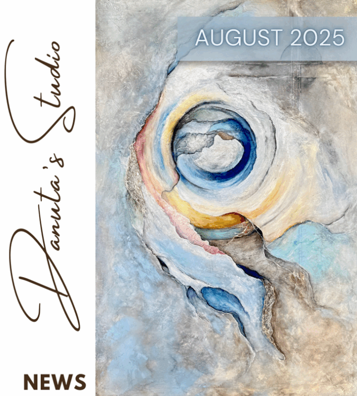 A watercolor painting featuring a swirling, abstract design with a central vortex in shades of blue, gray, and gold. Text overlays indicate the date August 2025.