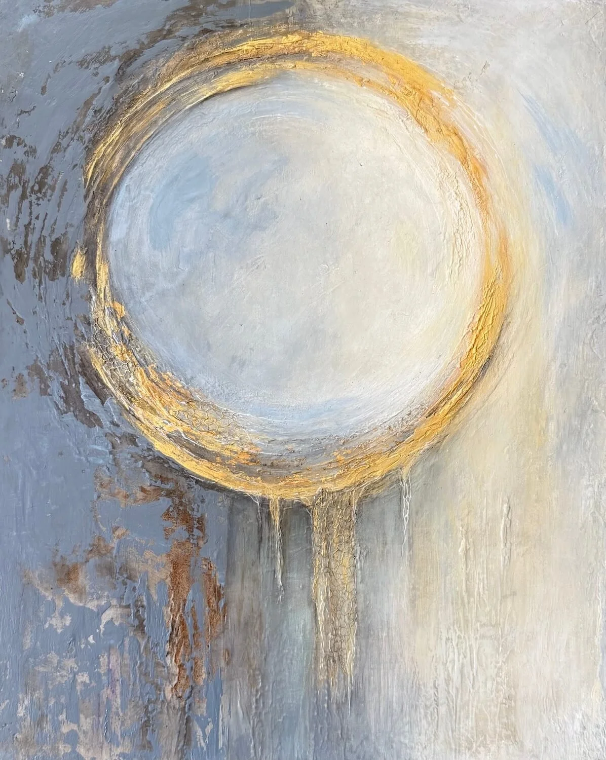 Abstract painting with a large white circle surrounded by gold and gray tones, dripping paint and textured details.