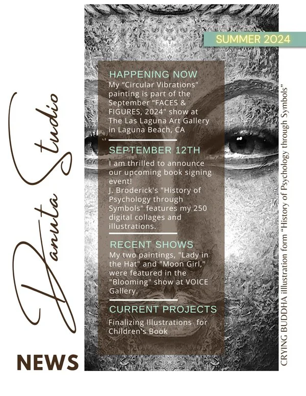A newsletter layout featuring an artist named Daniel Tudela. The background shows a close-up black and white photograph of a person's face, with eyes visible behind a brown transparent overlay. The newsletter includes sections about current activities, upcoming events, recent art shows, and projects, with headings in turquoise and brown text. A green banner at the top right corner reads "SUMMER 2024." The side text notes this is a crying Buddha illustration in the Psychology through Symbols style.