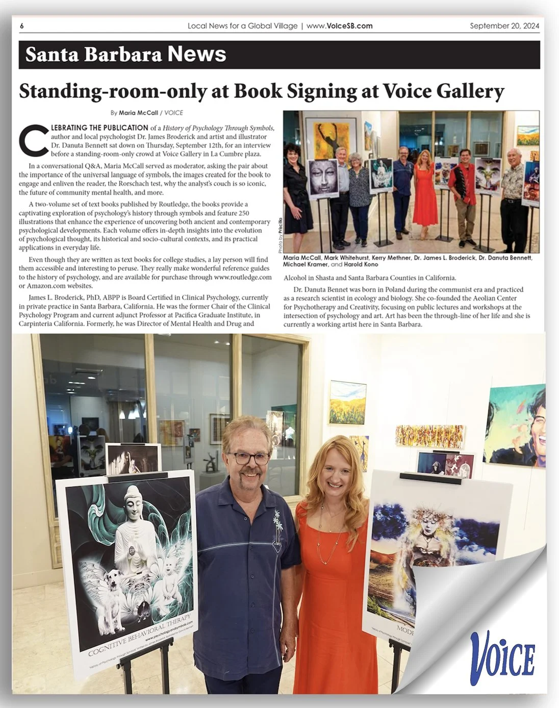 Newspaper article about a book signing event at Voice Gallery featuring artwork and artists, with a photo of two people standing next to artwork on display.