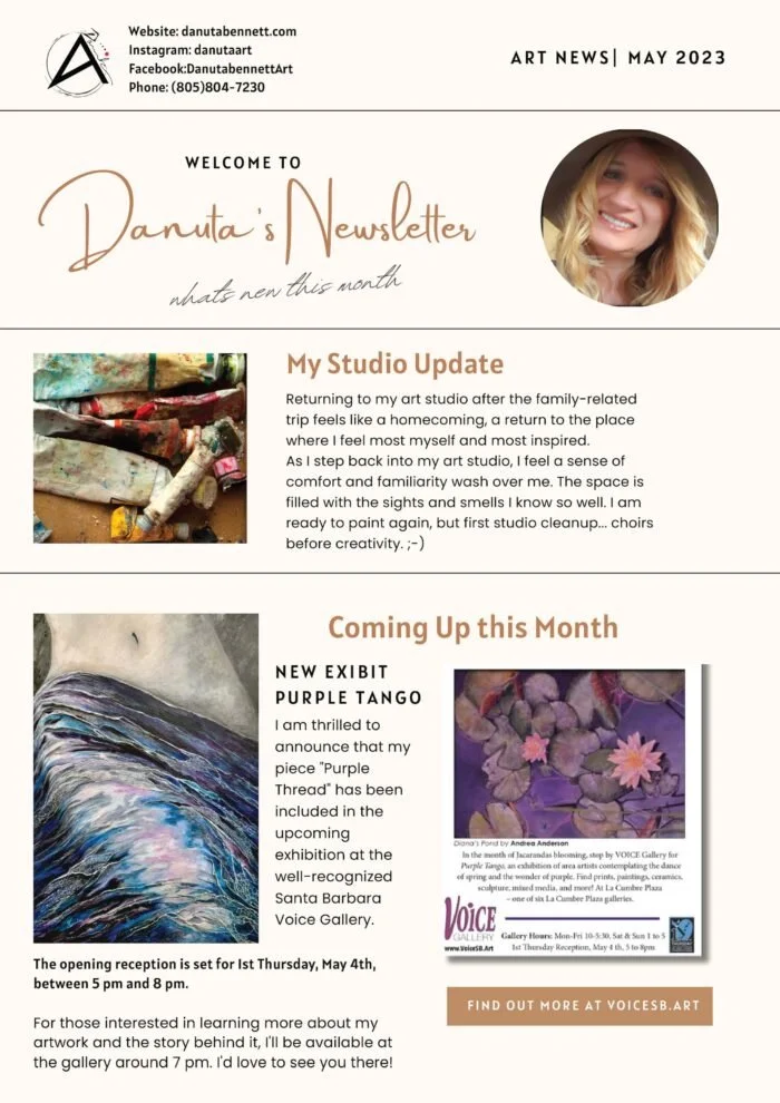 A newsletter header for Danuta's Newsletter, May 2023, featuring contact info and social media links, a welcome message, a section about studio update with a photo of art supplies, and a section about an upcoming art exhibit with an image of purple flowers and a painting.