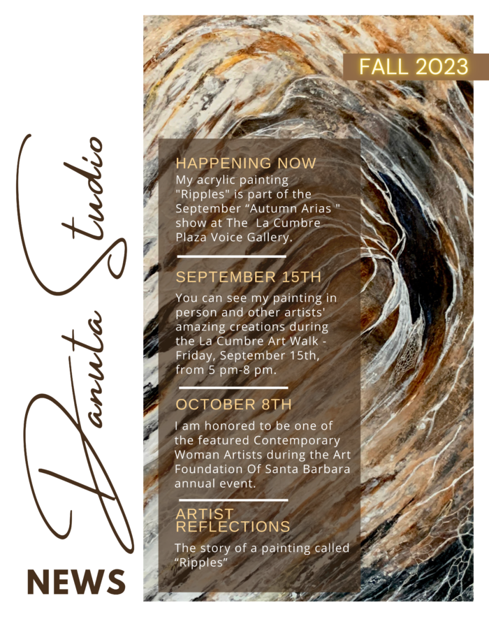 Announcement poster for Laura Tudio's acrylic painting 'Ripples' at La Cumbre Plaza Voice Gallery, featuring upcoming events and artist reflections for Fall 2023.