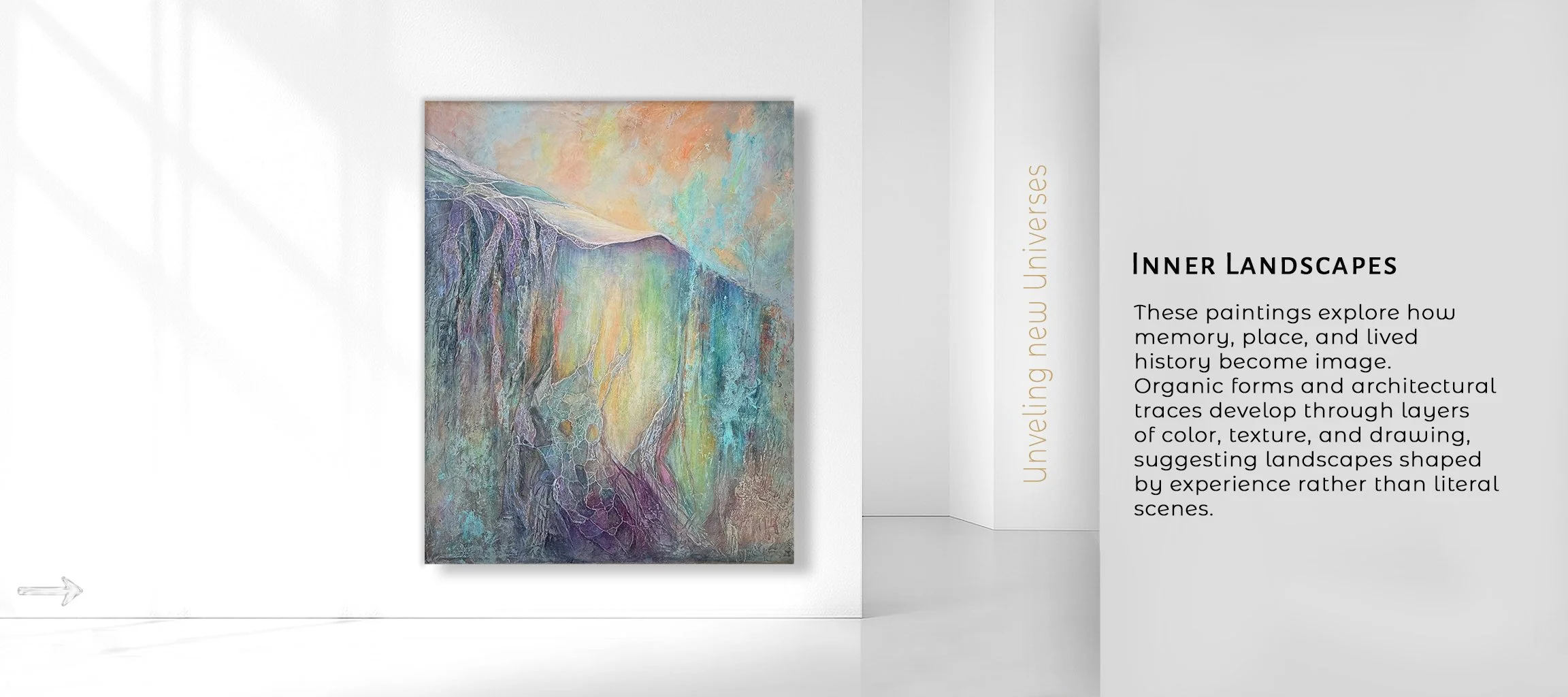 abstract These paintings explore how memory, place, and personal history become image. Organic forms and architectural traces develop through layers of color, texture, and drawing, suggesting landscapes shaped by experience rather than literal scenes