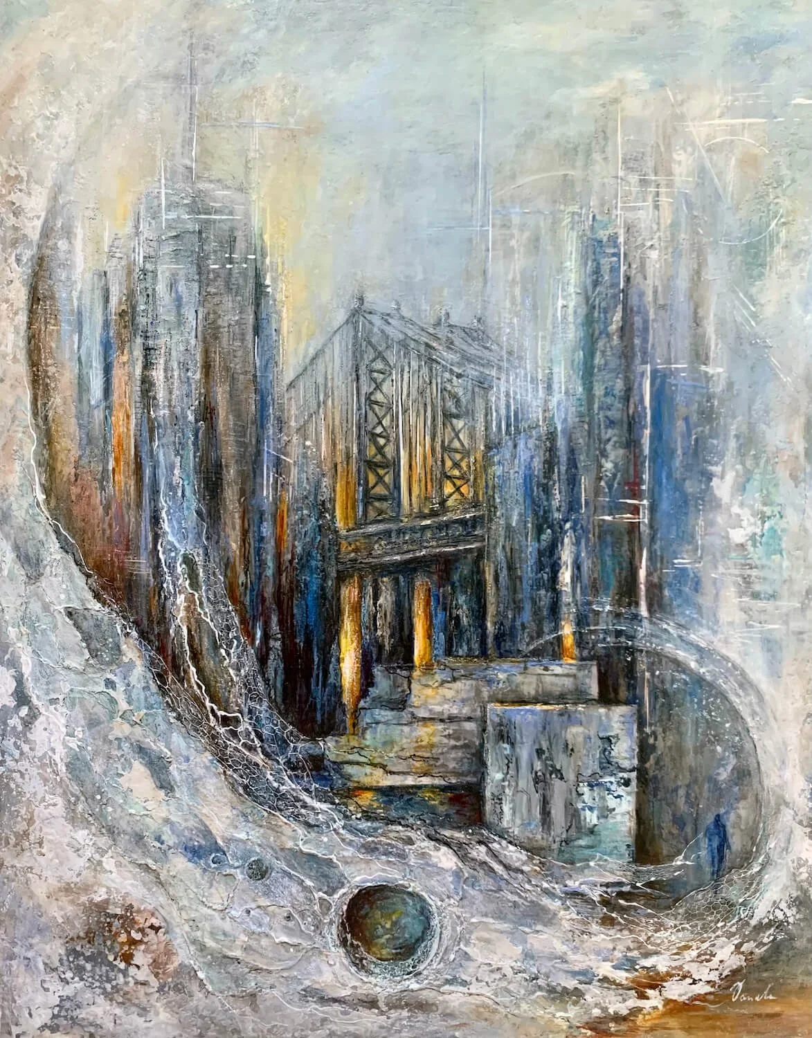 Abstract painting featuring a cityscape with a bridge, buildings, and a planet or sphere in the foreground.