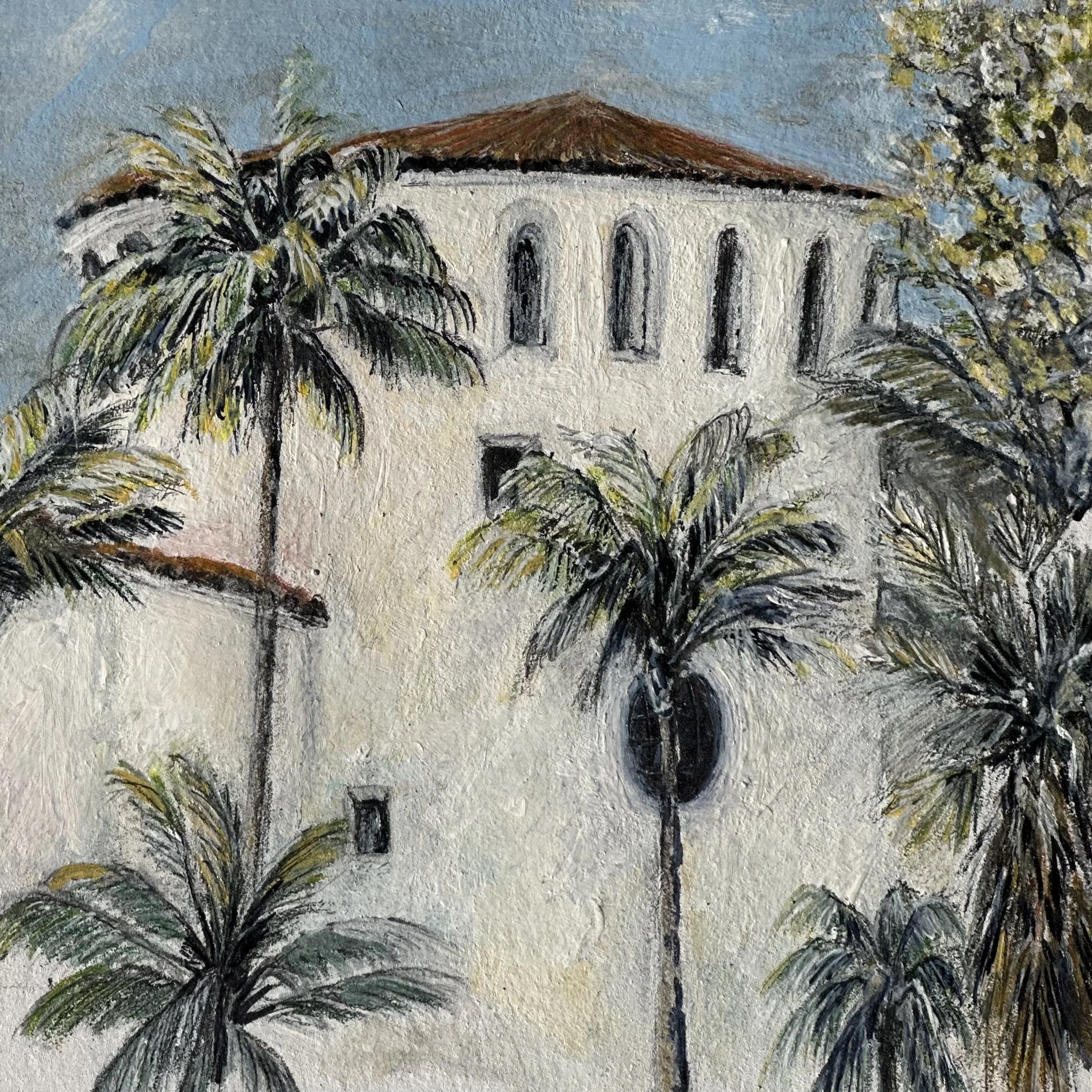 Santa Barbara Courthouse, Spanish Colonial Revival, historic landmark, California architecture, stucco and red tile, Tower,  Santa Barbara history, iconic architecture, architectural painting, blooming gardens, California h