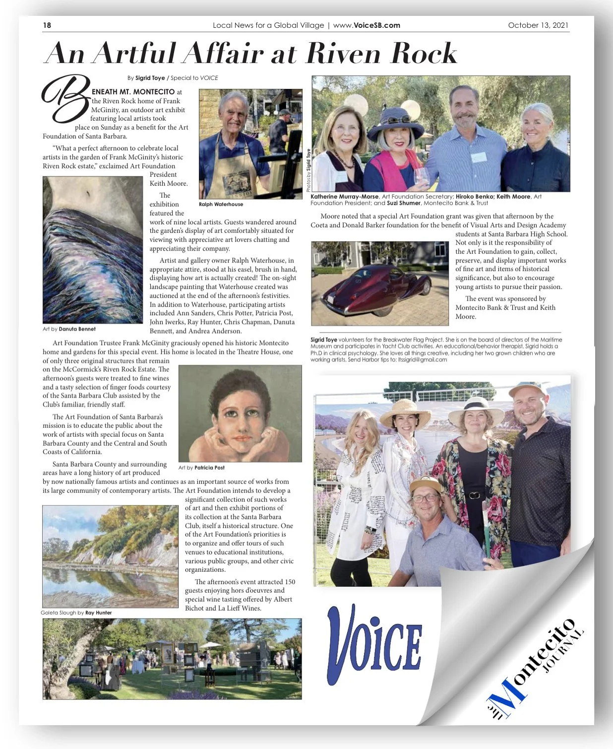 This is a newspaper page from VoiceSB featuring an article titled "An Artful Affair at Riven Rock" with photos of several people including Ralph Waterhouse, Katherine Murray-Morse, Hiroko Benko, Keith Moore, Suzi Shumer, and others, along with images of artwork, a vintage car, and an outdoor art event.