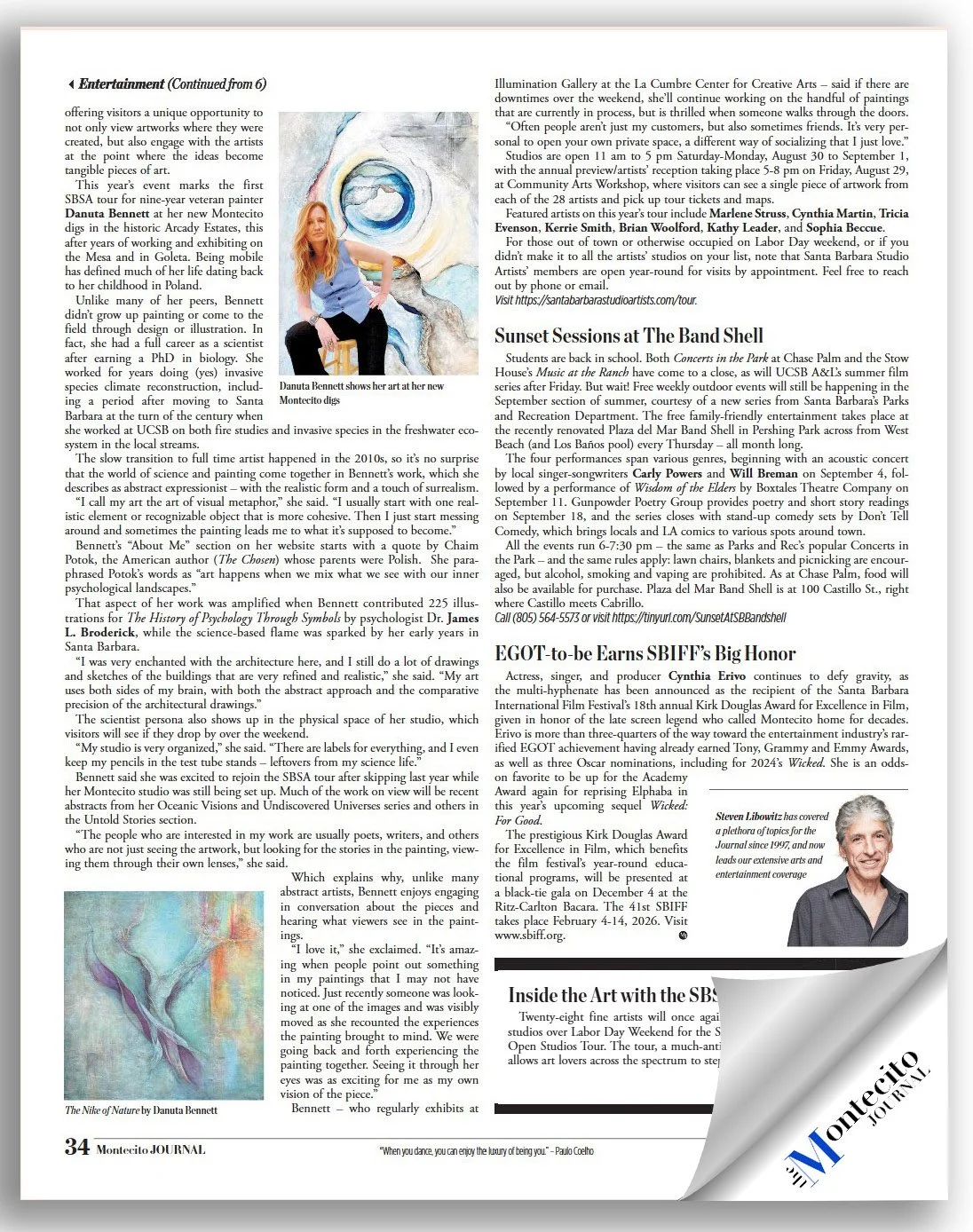 A newspaper page with articles about local art exhibitions, performances, and awards. Contains a photo of a woman with long red hair sitting in front of a colorful artwork.