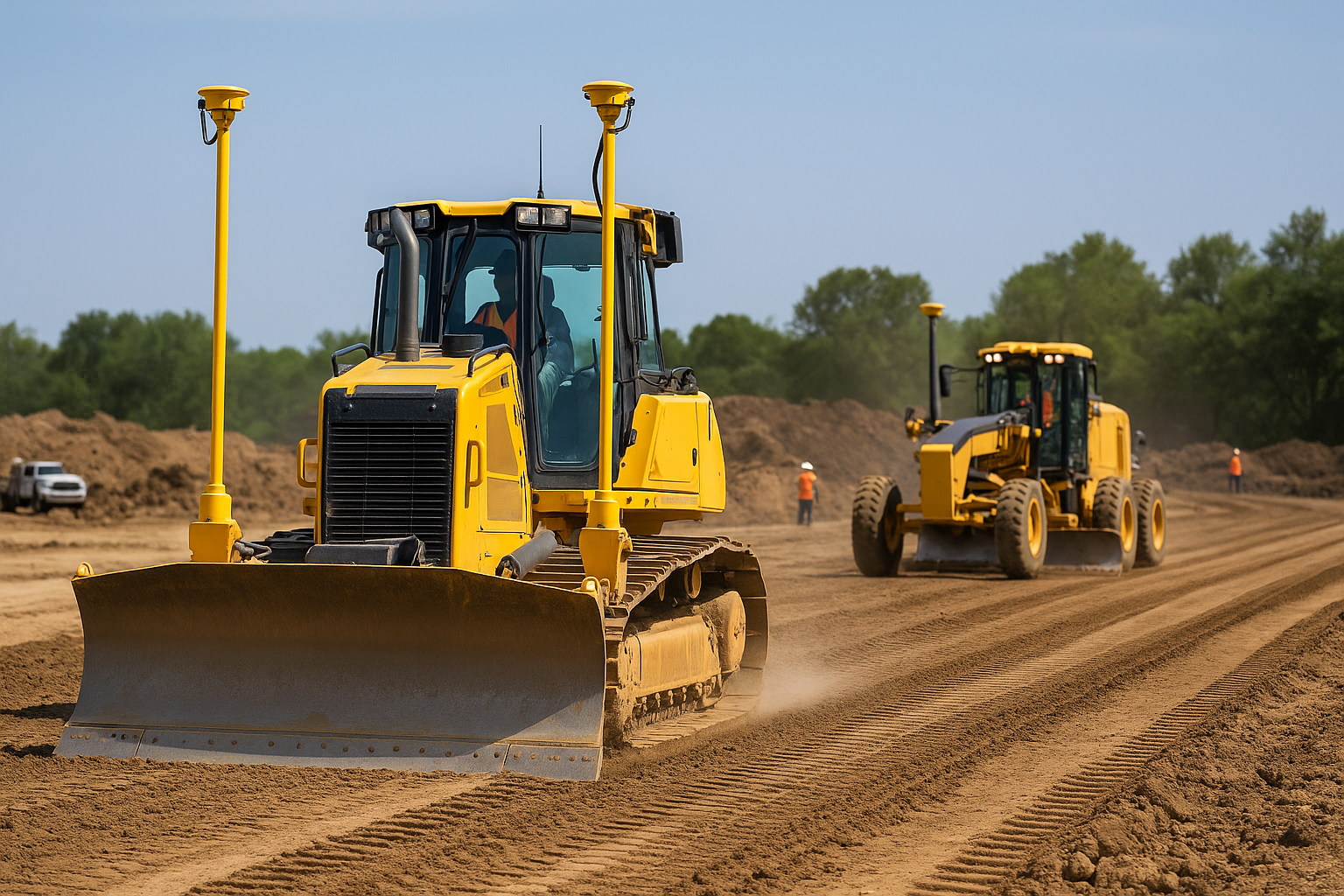 Two yellow bulldozers moving dirt on a construction site with trees in the background.
