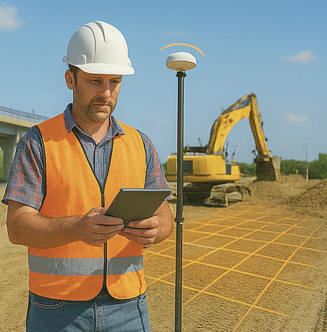 Construction worker in safety gear using a digital device at a construction site with surveying equipment and machinery in the background.