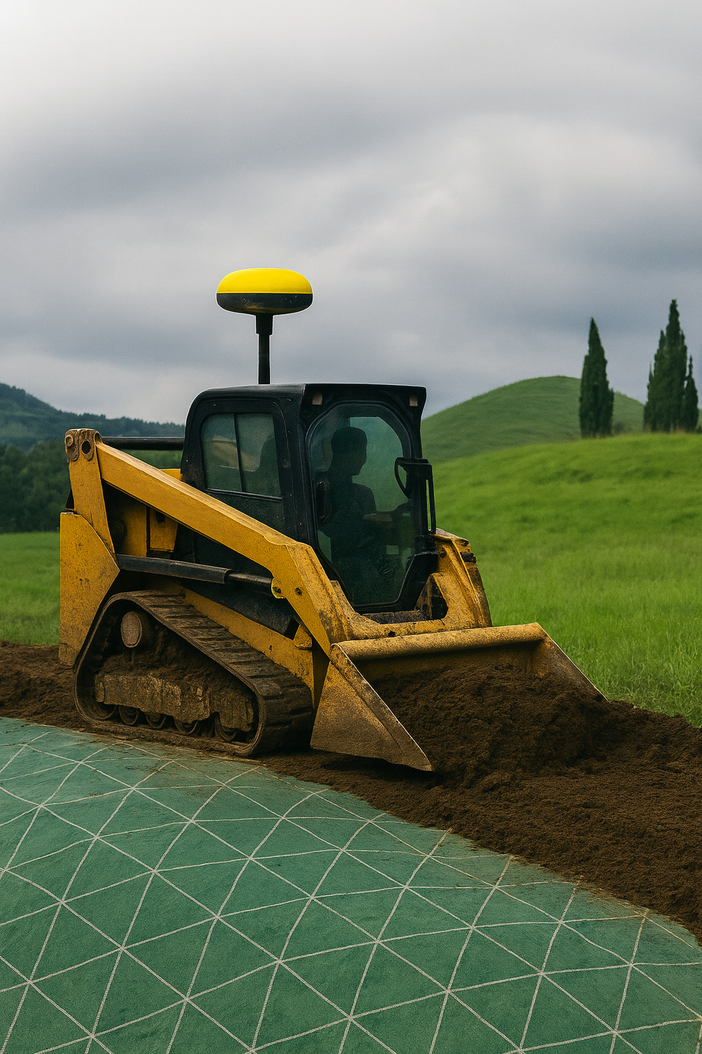 A yellow and black compact track loader working on a green grassy field with hilly terrain and trees in the background under cloudy skies.