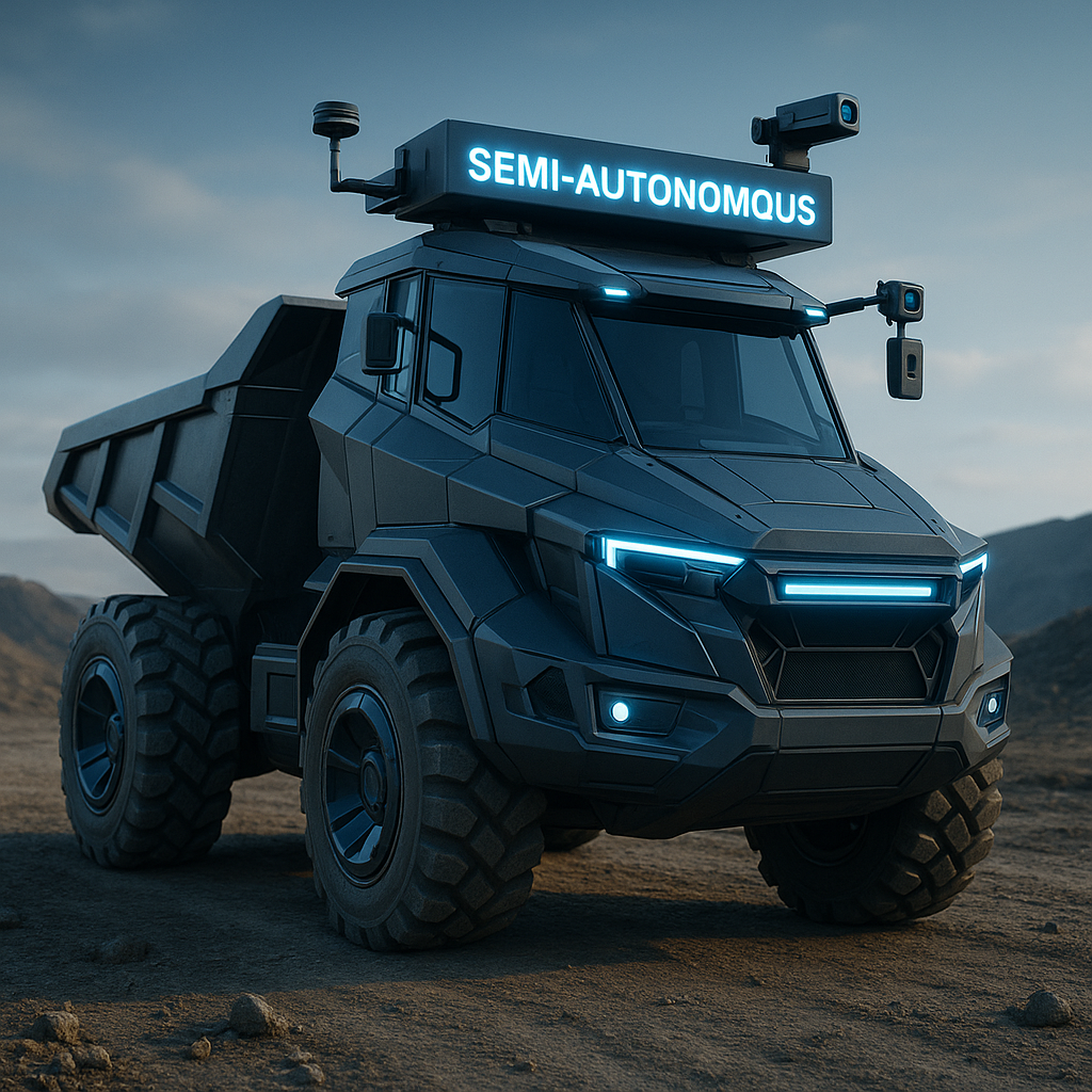 A futuristic, black semi-autonomous off-road vehicle with large tires and a high-tech design, set against a mountainous landscape at dusk. The vehicle has a digital sign on top reading 'SEMI-AUTONOMOUS' and cameras mounted on it.
