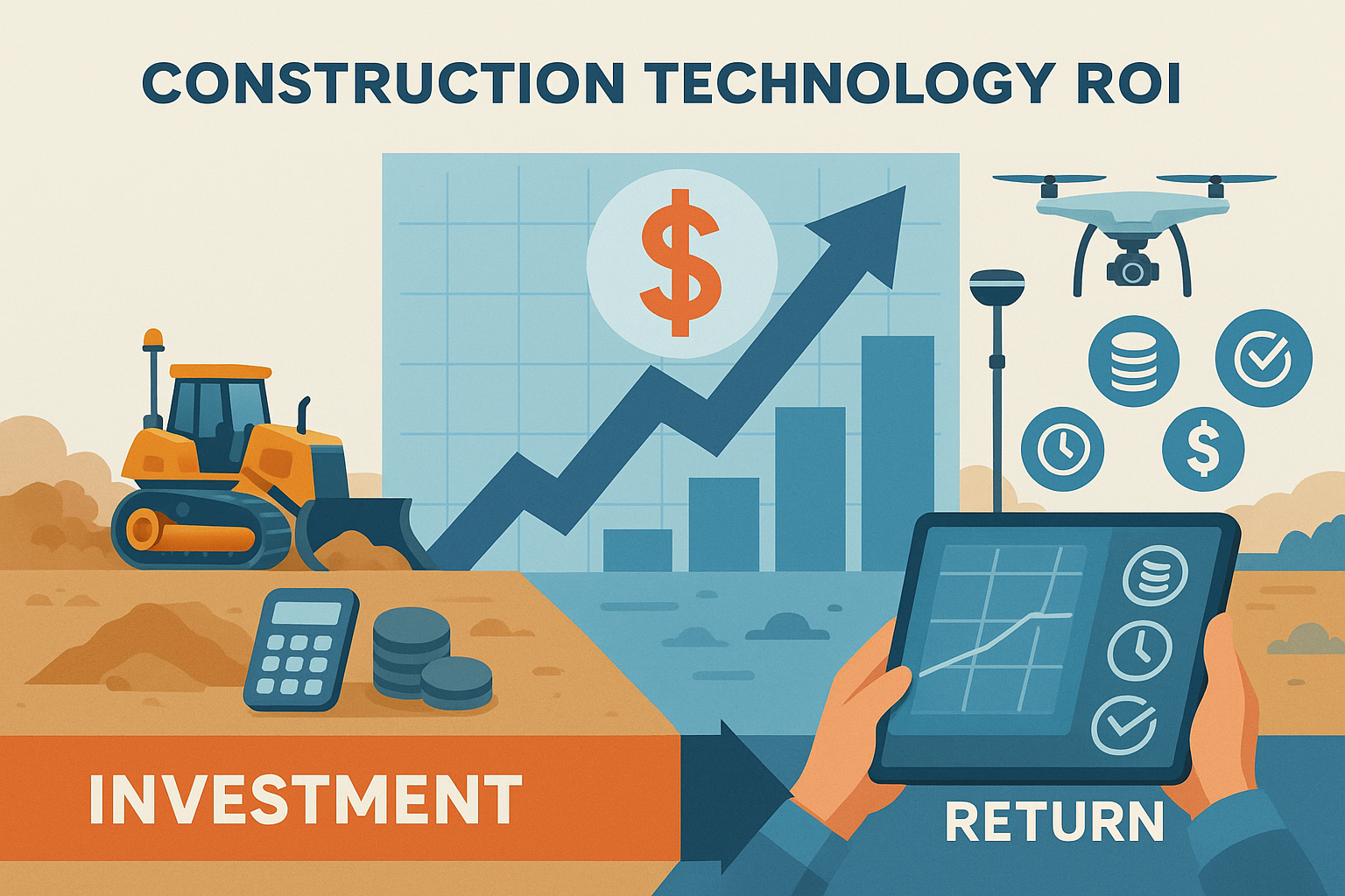 Illustration showing construction equipment, financial symbols, and a tablet computer with graphs, representing investment and return in construction technology ROI