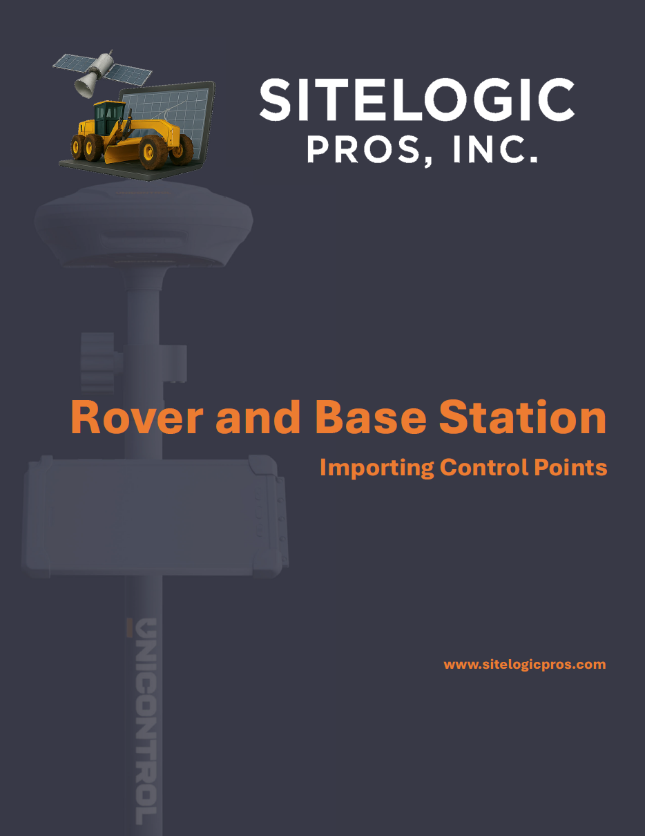 Cover page for a technical manual titled "Rover and Base Station Importing Control Points," published by SITELOGIC PROS, INC., featuring an illustration of a GPS rover device with a satellite and a construction vehicle emerging from a laptop.