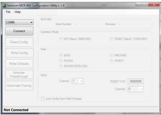 Screenshot of Intuicom MCR-900 Configuration Utility software interface with connection options for GPS and robot modes and role and channel settings.