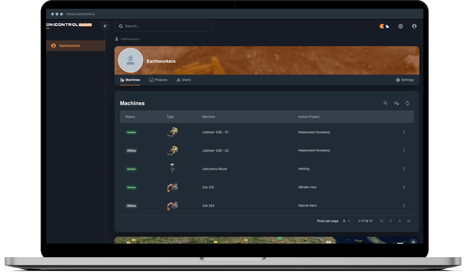 The image displays a computer screen with a dark-themed user interface for a project management or monitoring platform called 'Unicontrol Cloud'. It shows a dashboard titled 'Earthworkers' with a list of machines, their status (online or offline), type, machine name, and active project. The interface includes navigation options, a search bar, and some icons.