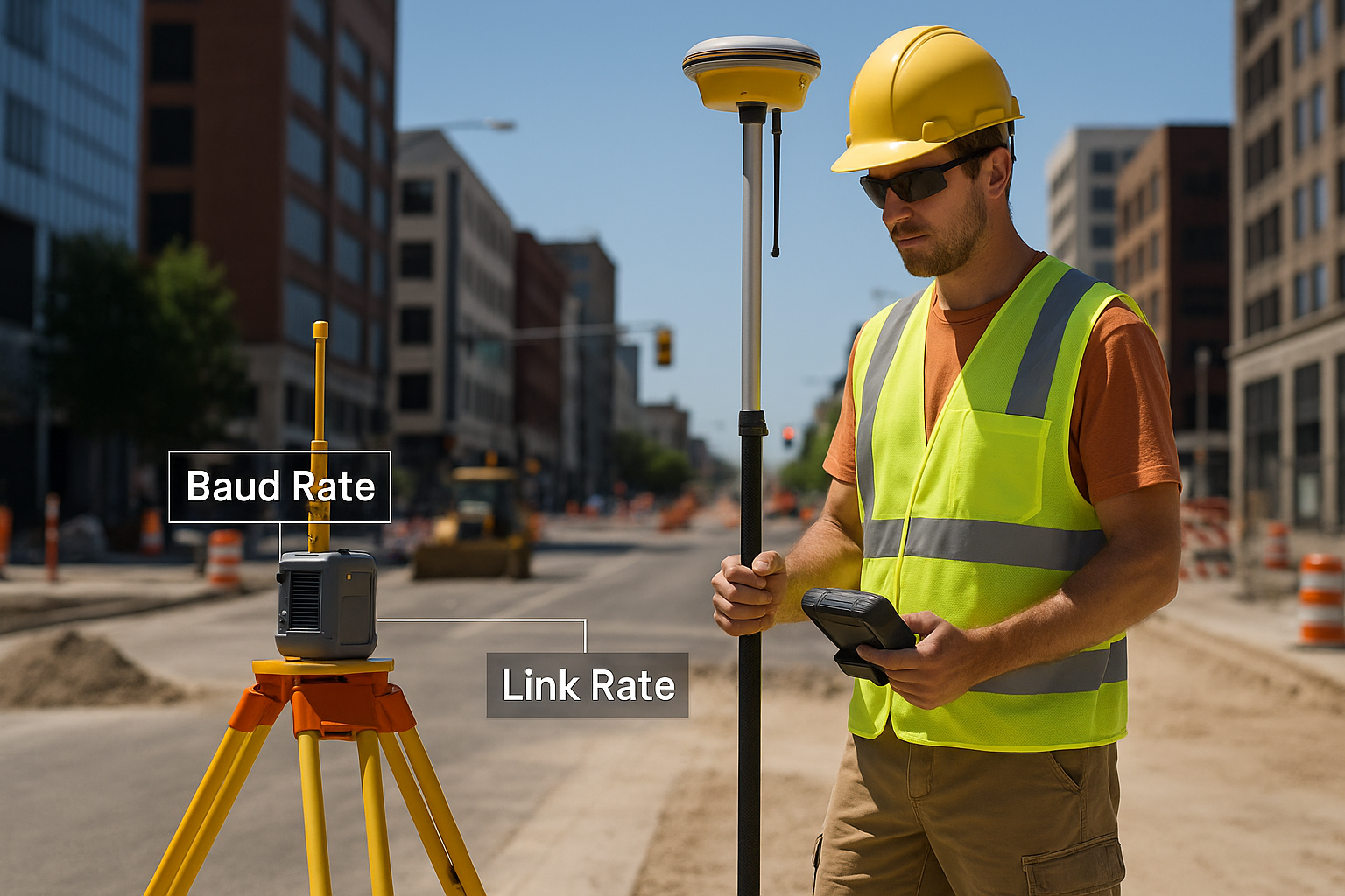 Construction worker in a yellow hard hat and reflective safety vest operating surveying equipment on a city street under construction.
