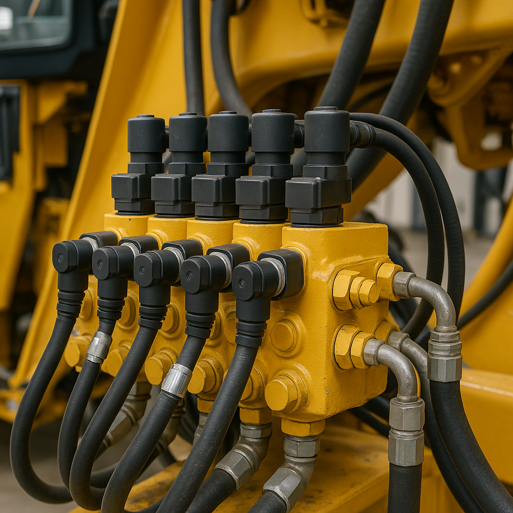 Close-up of yellow hydraulic machinery with black hoses and fittings.