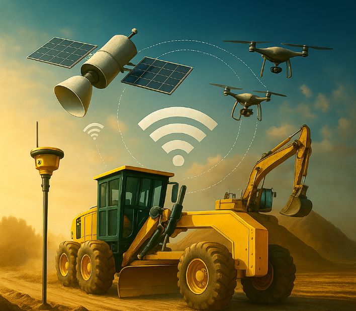 Construction vehicle with technology devices and drones, including a satellite, solar panels, Wi-Fi signal icon, and a laying cable, on a construction site at sunset.