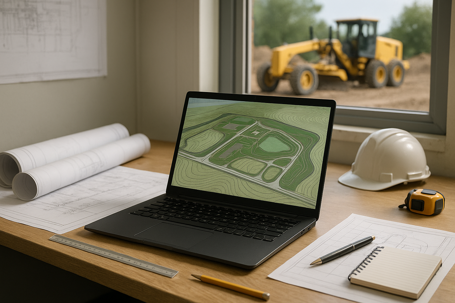 Architectural plans and a laptop displaying a topographical map on an office desk, with a construction site and yellow bulldozer visible outside the window.