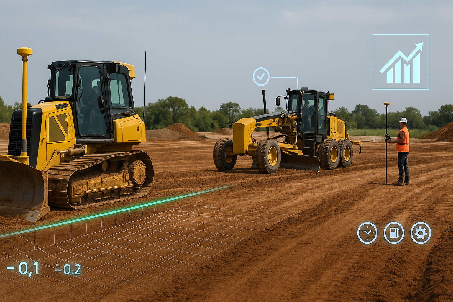 A construction site with two yellow bulldozers, one with tracks and one with wheels, on a dirt lot. An engineer with a white helmet and orange safety vest is using a leveling rod. There are digital graphics overlaying the image, including a rising graph, a checkmark, a clock, a fuel gauge, and setting gears, suggesting progress, accuracy, and technological integration.