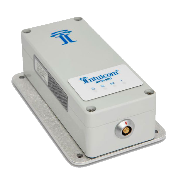 A white electronic device with the brand name "Intuicom" and model "MCR-900" on the top, featuring a circular connector on the front and mounted on a metal base.