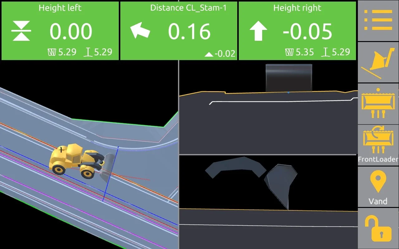 A digital interface showing 3D modeling and construction data, including measurements for height left, distance CL_Stam-1, and height right, along with icons for various construction tools and options, such as a watering can, scaffolding, and a location pin.