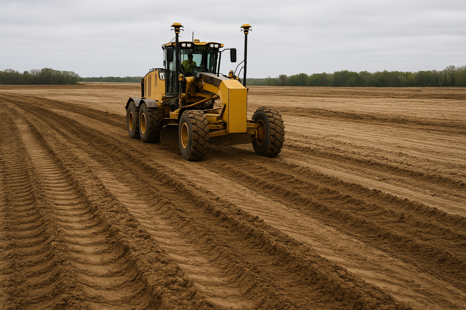 A yellow land leveling machine working on a large dirt field under an overcast sky.