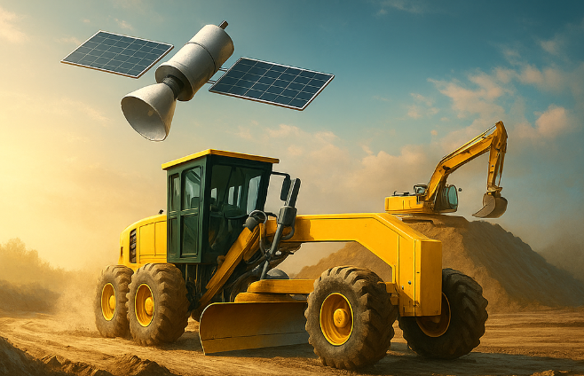 A bulldozer working on a construction site with a large pile of dirt, with a satellite and solar panels floating in the sky above.
