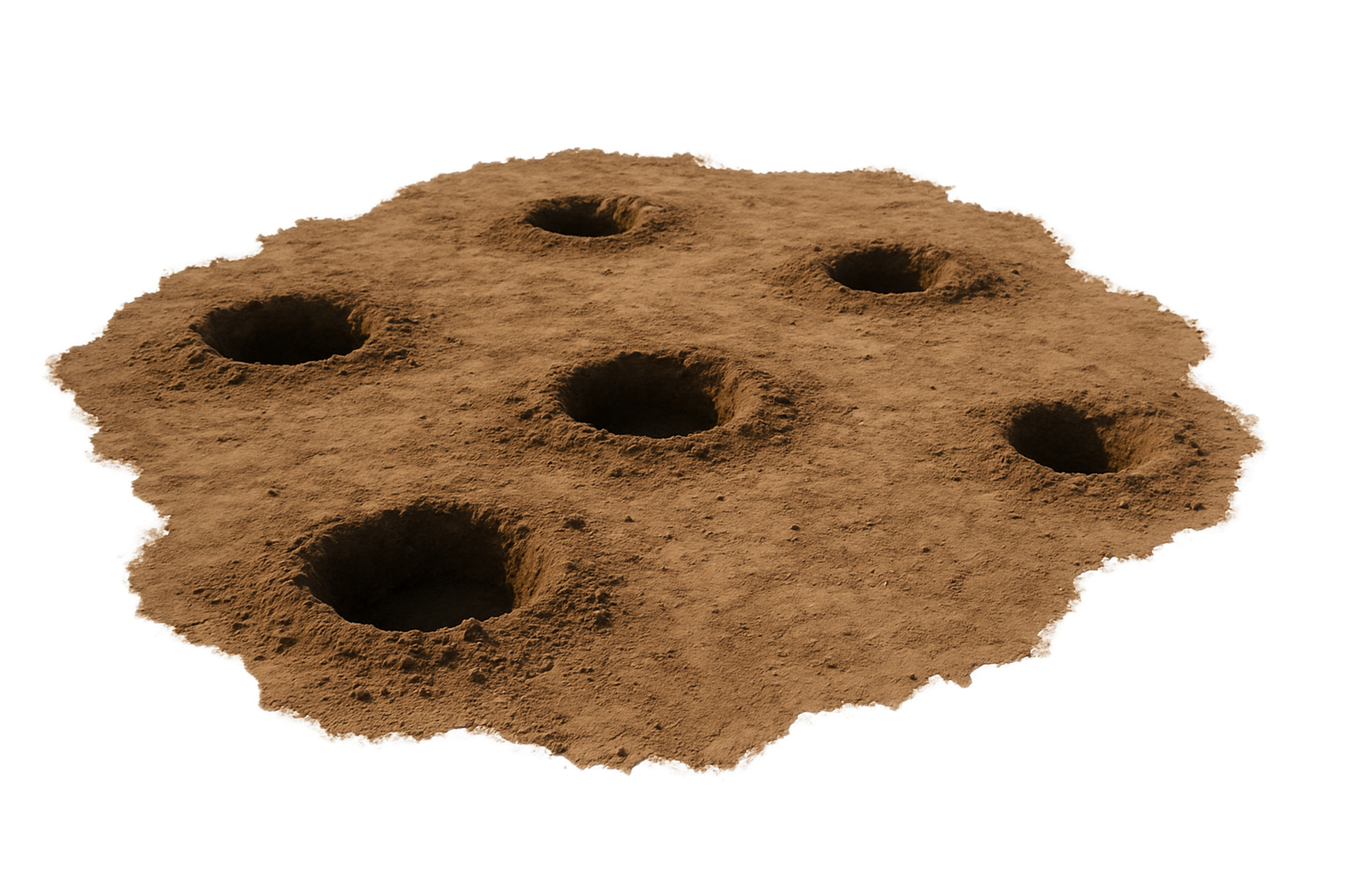 Close-up of a sandy surface with six small holes dug into it.