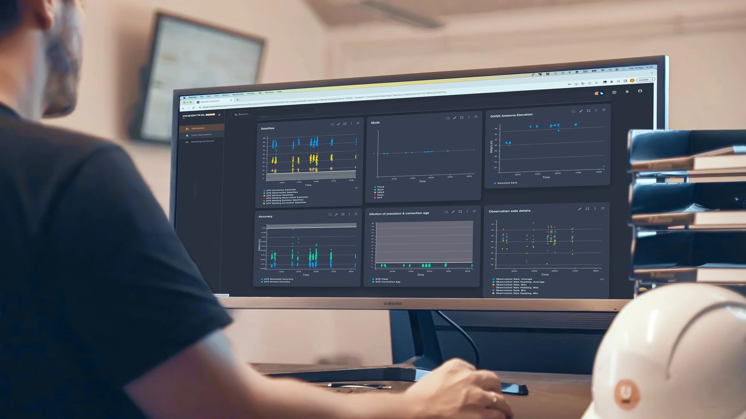 A person working on a computer displays dashboards with graphs and charts related to satellite data, GPS accuracy, and antenna elevation.