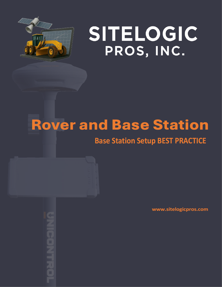 Cover page with logo of a satellite and construction vehicle, title "Rover and Base Station" and subtitle "Base Station Setup BEST PRACTICE".
