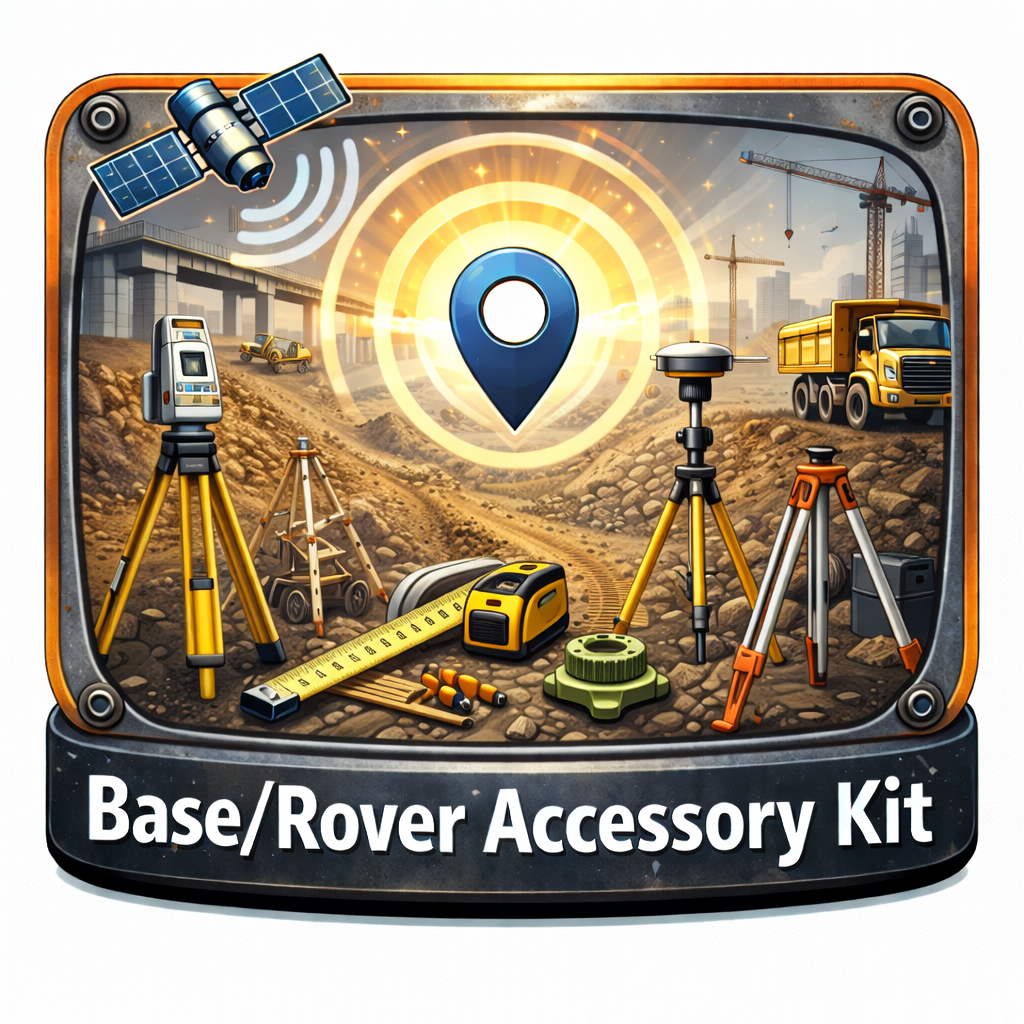 An illustration of a construction site with survey equipment and a digital map marker, promoting a Base/Rover Accessory Kit for rover navigation and construction.