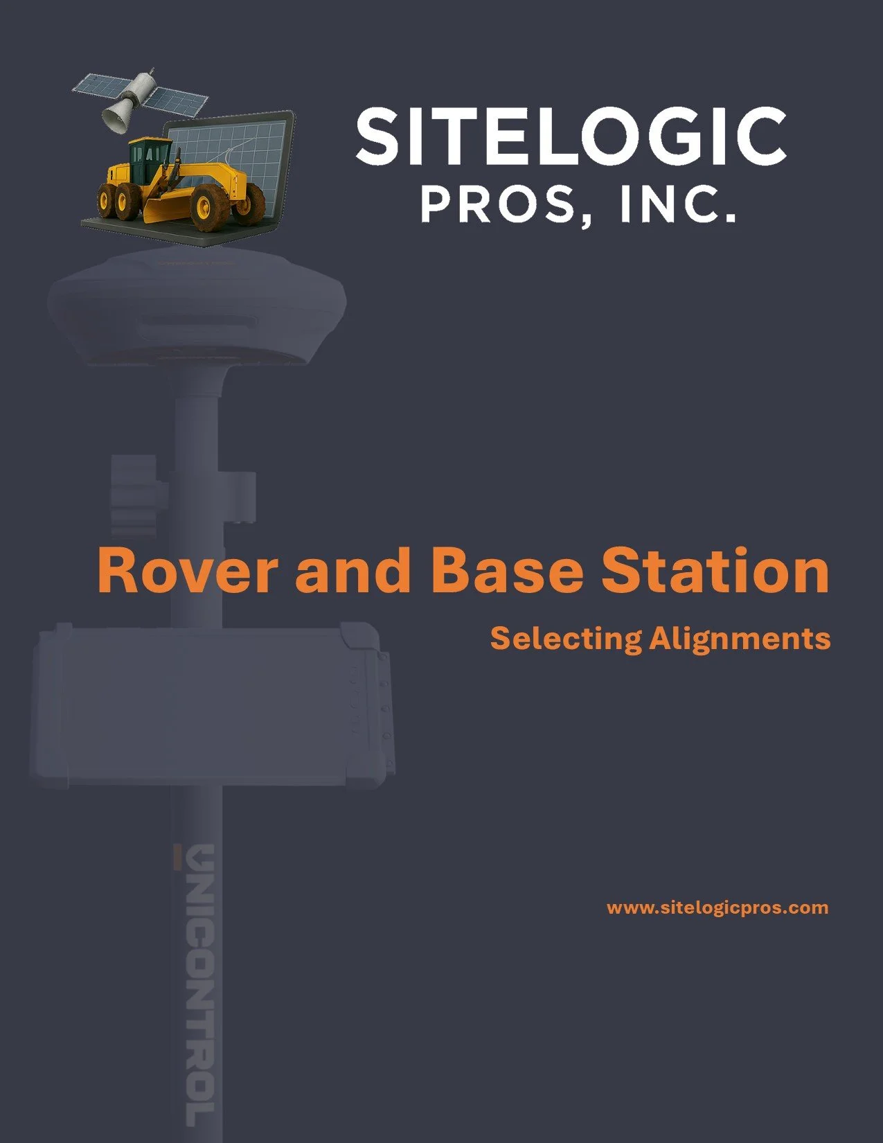 Cover page of a guide about rover and base station alignment, featuring an illustration of a rover, a satellite, and a base station on a dark background.
