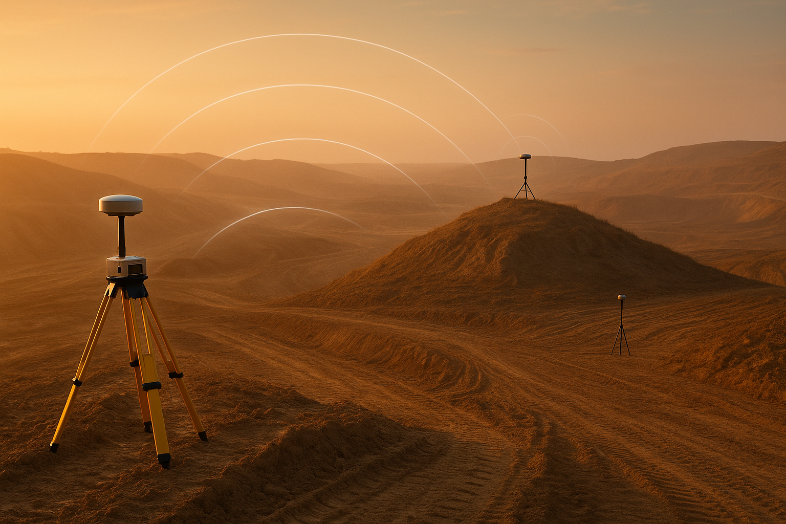 An American desert landscape with poles and equipment that resemble a Mars rover landing zone during sunset.