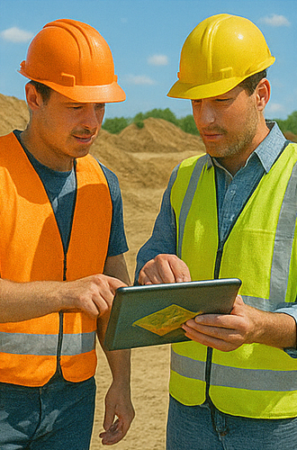 Two construction workers in safety vests and hard hats review plans on a tablet at a construction site.