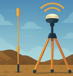 A weather station with a tall yellow antenna and a weather sensor on a tripod, set against a landscape with mountains and a blue sky.