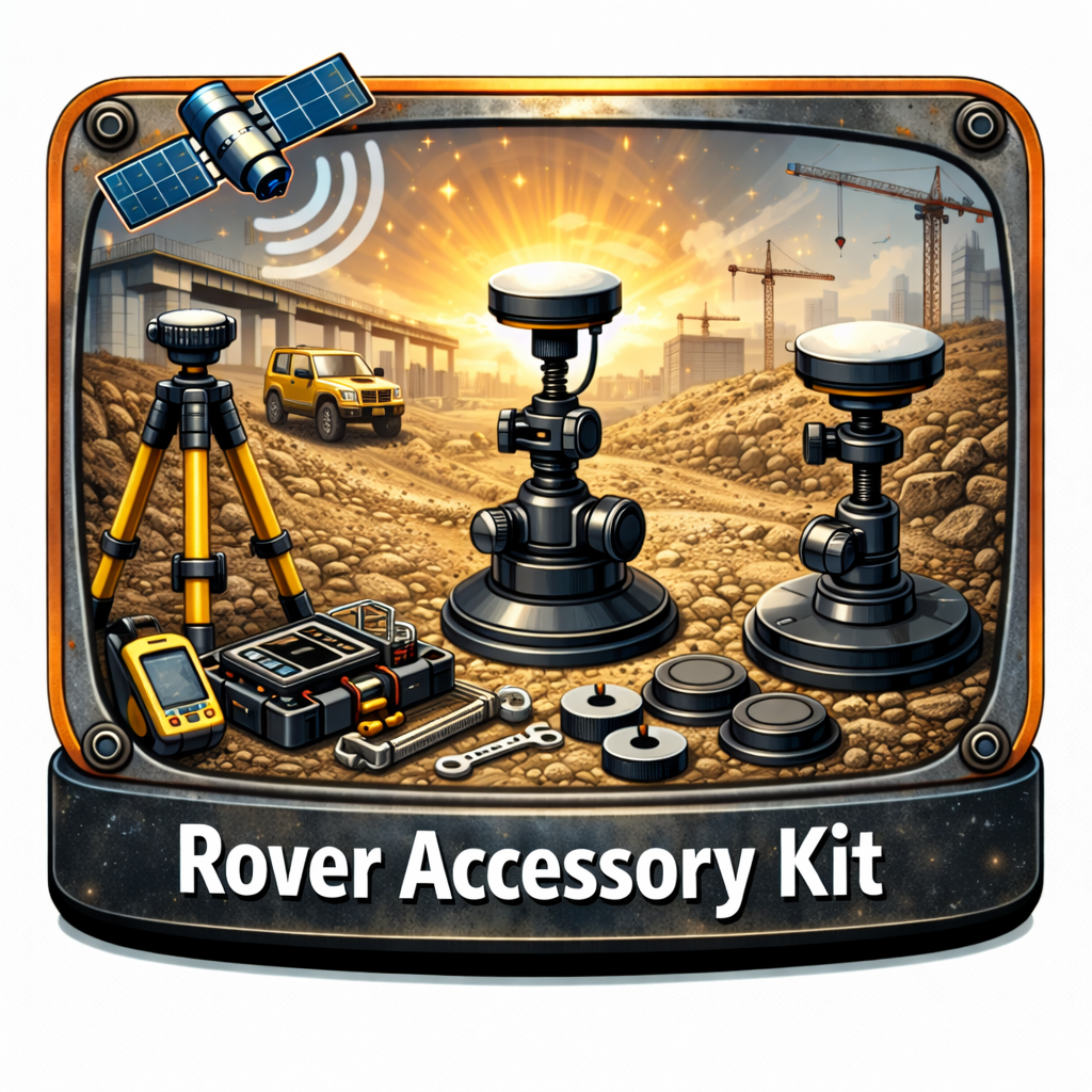 Illustration of a rover accessory kit for construction exploration with tools, instruments, and a satellite against a construction site backdrop with cranes and a car, and a setting sun.