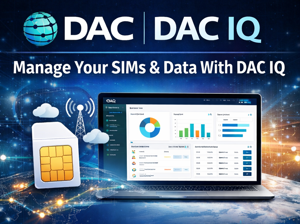Digital advertisement for DAC IQ, a management tool for SIM cards and data, featuring a laptop screen with data analytics charts and a SIM card illustration against a space-themed background with a globe and satellite icons.
