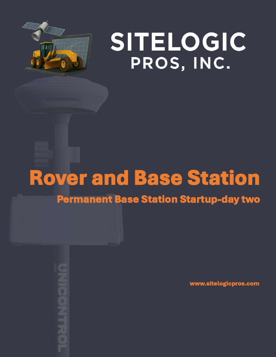 Cover page of a booklet or report titled 'Rover and Base Station' by SiteLogic Pros, Inc. It features an illustration of a weather station with a satellite dish, solar panel, and a yellow construction vehicle on a laptop screen. The background is dark gray with orange and white text.