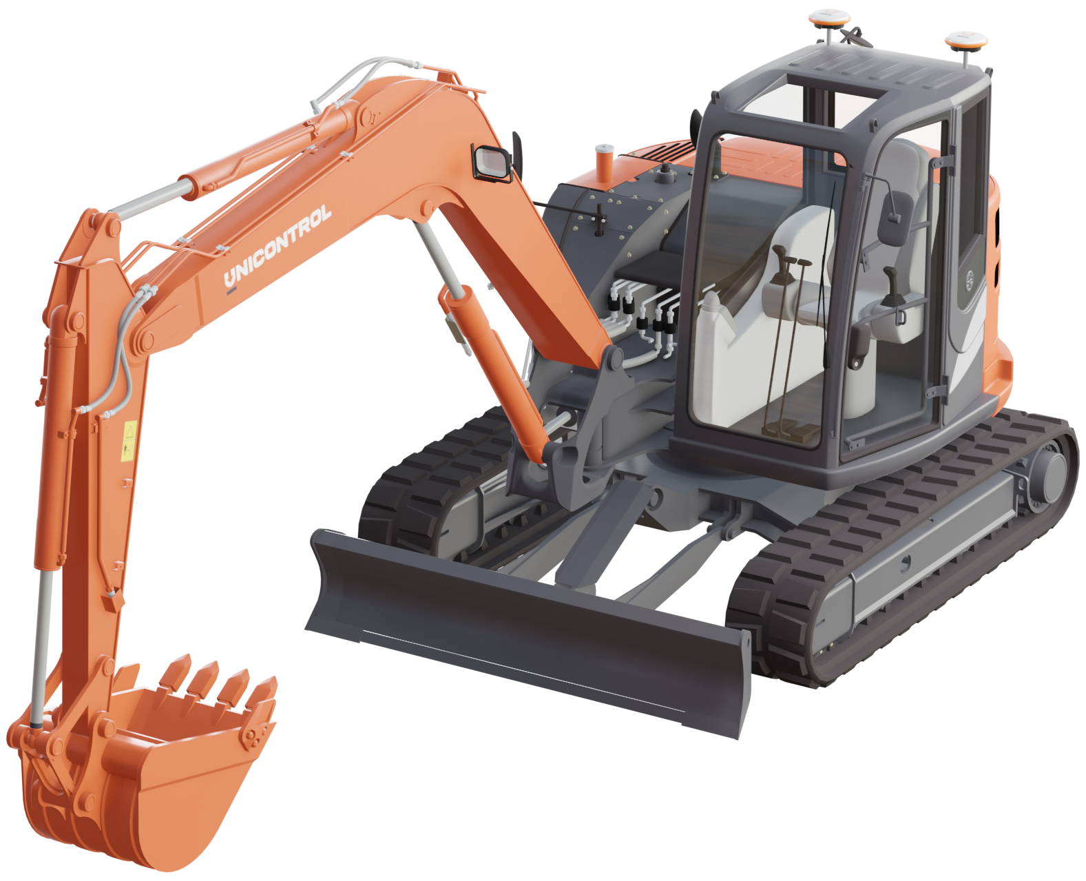 An orange and gray mini excavator with a cabin, tracked wheels, and a digging arm labeled 'UNICONTROL'.