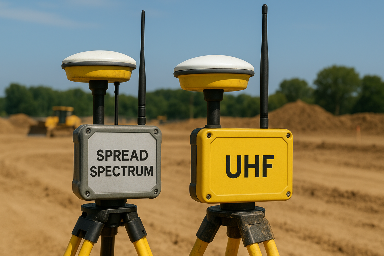 Two surveying instruments with antennas on tripods at a construction site, with a background of dirt mounds and trees, One labeled "SPREAD SPECTRUM" and the other labeled "UHF".